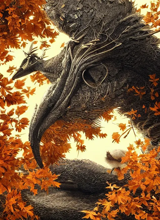 Prompt: golden leaves at frame border, creative!!! composition for a book cover, absurdly beautiful, ultrafine hyperrealistic detailed animal by wlop and artgerm and greg rutkowski, intricate linework, sharp focus, smooth, unreal engine, dramatic lighting, ethereal, 8 k