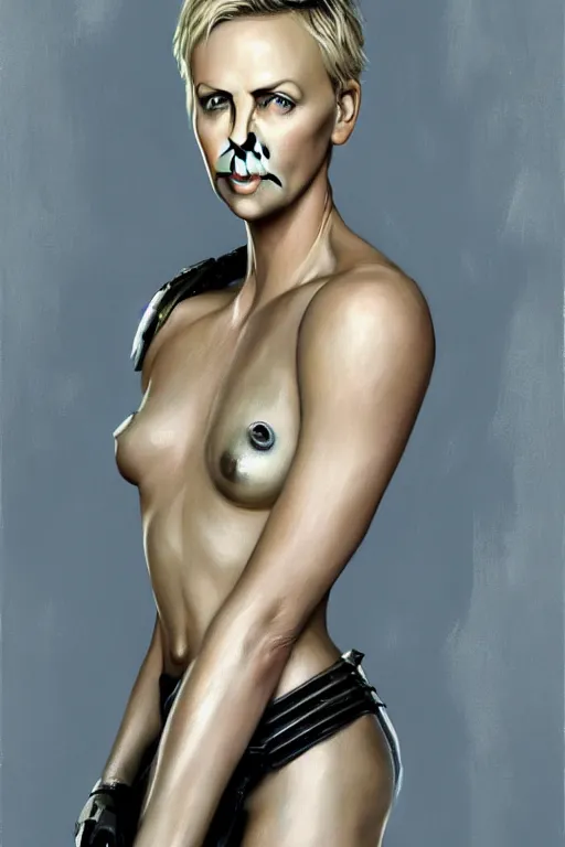 Image similar to a photorealistic painting of Charlize Theron, partially clothed in stealth armor, olive skin, long dark hair, beautiful bone structure, symmetrical face, perfect eyes, intricate, elegant, digital painting, concept art, illustration, sharp focus, minimal artifacts, from Valerian and the City of a Thousand Planets, in the style of Ruan Jia and Mandy Jurgens and Greg Rutkowski, trending on Artstation, award winning