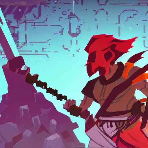 Image similar to dead cells main character holding a kopesh, ready to strike, corporate art style, three color palette