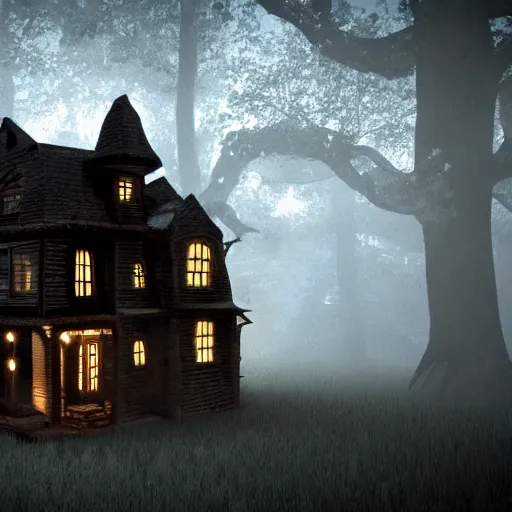 Image similar to village horror house in forest darkness dark render fog highly detailed