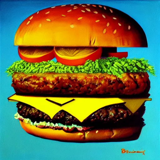 Image similar to painting of a burger with a mouth in the style of beksinski