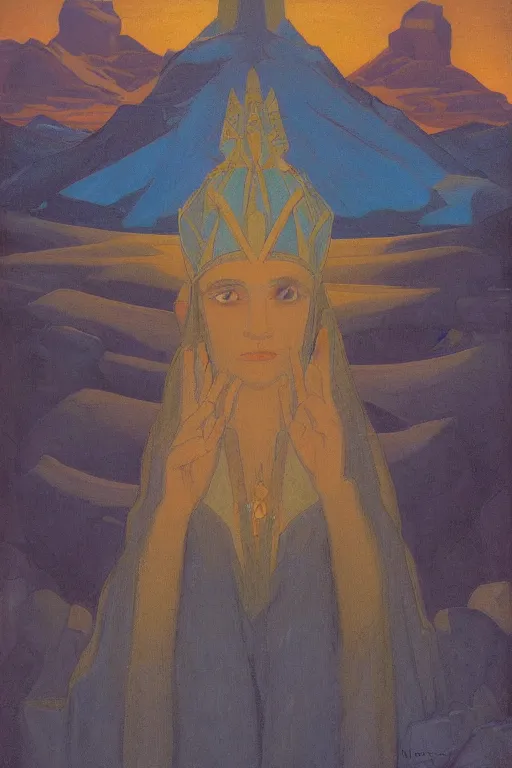 Image similar to queen of the dawn mountains | by Nicholas Roerich and jean delville | dramatic cinematic lighting | ornate headdress | lost civilizations
