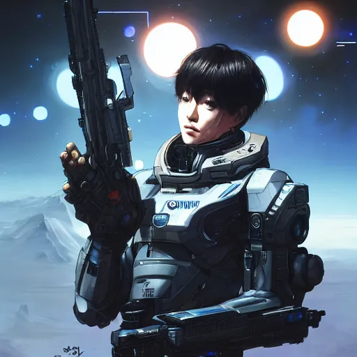 Prompt: photorealistic, bokeh, beautiful detail, stars in the sky, cybernetic, sci-fi space game art, jeon Jungkook holding a gun. alien planet art by Akihito Yoshitomi AND Yoji Shinkawa AND Greg Rutkowski, Mark Arian trending on artstation