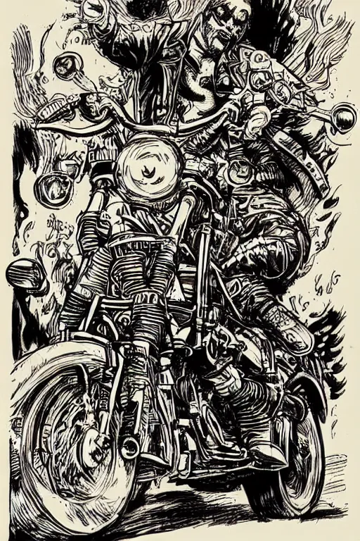 Image similar to hells angel biker riding through a burning street, intricate ink drawing, highly detailed in the style of jamie hewlett