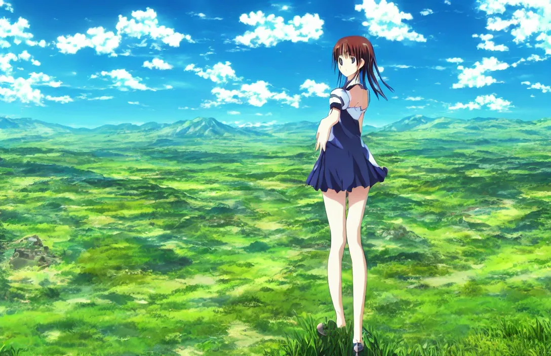 Image similar to an Anime Background Photo of a Valley with green plains and blue sky, with an anime girl standing in the foreground