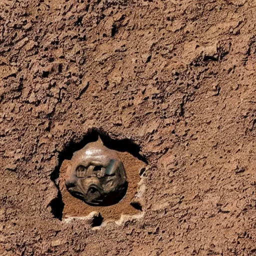 Prompt: photo on alien fossil half hidden in the Martian soil