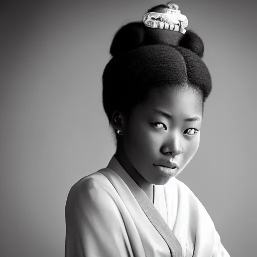 Prompt: beautiful young african - japanese princess. zeiss 1 5 0 mm f 2. 8 hasselblad