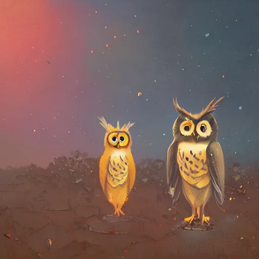 Image similar to long shot of a duo owl, duolingo, art by esao andrews, by james jean, marc simonetti, by victo ngai, humorous illustration, hyperrealistic, big depth of field, warm colors, night scenery, dim light, 3 d octane render, 4 k, tilt shift, conceptart, hyperdetailed, hyperrealistic, trending on artstation