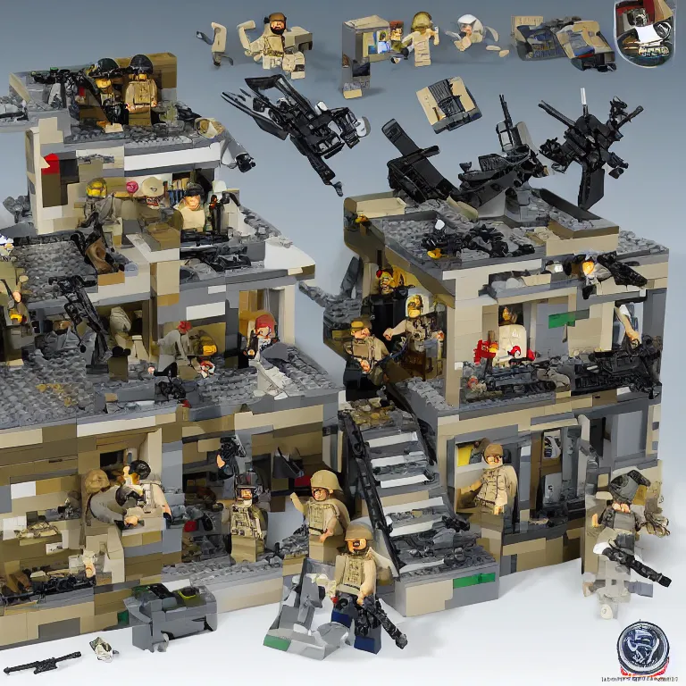 Image similar to navy seals raid osama bin laden's final hideout in abbottabad, pakistan lego set product marketing, photorealistic, studio lighting, highly detailed