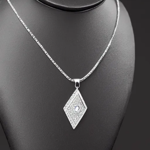 Image similar to a silver inlaid necklace with a house shaped diamond stone, photo realistic