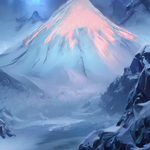 Image similar to blue glacier volcano eruption, blue glacier volcano eruption, blue liquid and snow, blue glacier volcano eruption, snow dust everywhere, snow battlefield, ice cold blue theme, bright masterpiece artstation. 8 k, sharp high quality artwork in style of jose daniel cabrera pena and greg rutkowski, concept art by tooth wu, blizzard warcraft artwork, hearthstone card game artwork