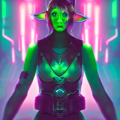 Image similar to portrait of an elf in a cyberpunk style, neon lights, digital art, artstation cgsociety masterpiece