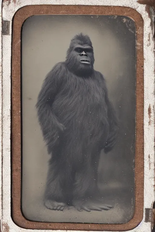 Image similar to a tintype family photo of bigfoot