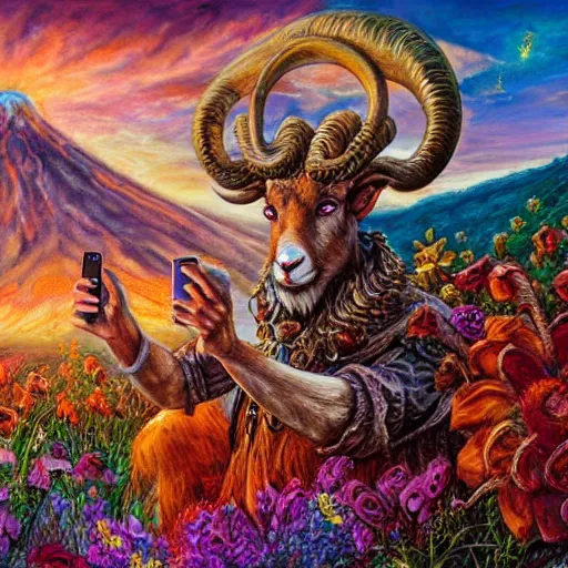 Image similar to painting by senior concept artist josephine wall, horned ram goddess checking her cell phone, erupting volcano and sunset in distance in background, flowers in foreground, zodiac, fantasy, acrylic on canvas, intricately detailed, highly detailed, high resolution, hdr, 8 k, trending on artstation