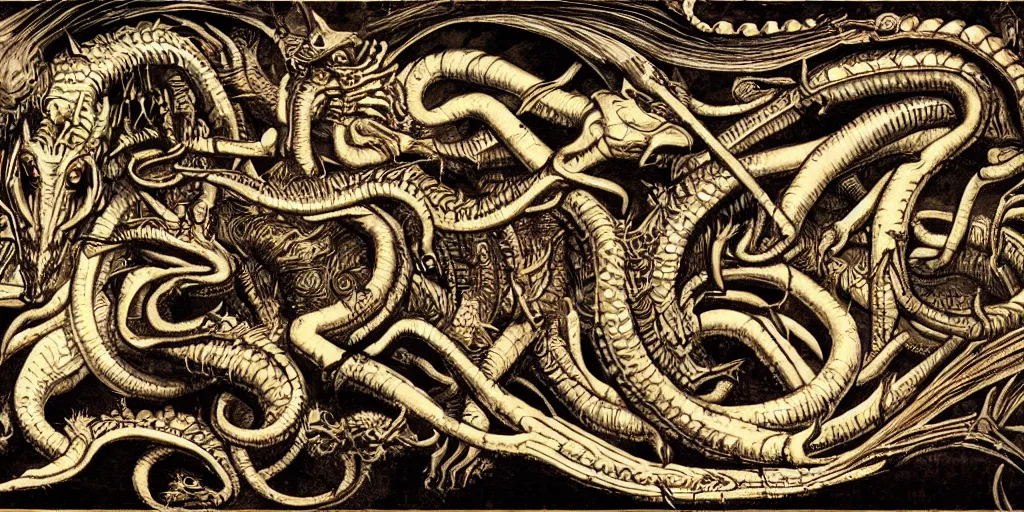 Image similar to a lovecraftian cinematic isograph print of a incan dragon by h. r giger in the style of renaissance art, trending on art station