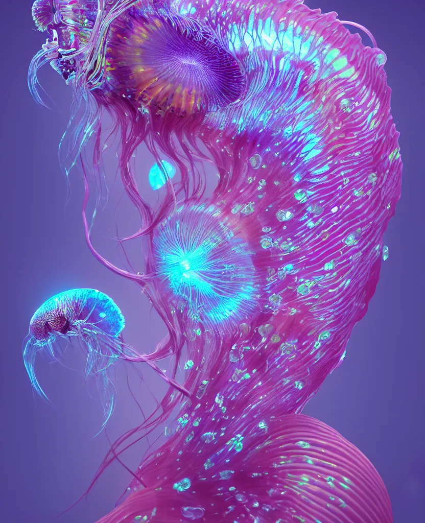 Image similar to goddess close-up portrait. dichroic orchid jellyfish phoenix head, nautilus, skull, betta fish, bioluminiscent creatures, intricate artwork by Tooth Wu and wlop and beeple. octane render, trending on artstation, greg rutkowski very coherent symmetrical artwork. cinematic, hyper realism, high detail, octane render, 8k