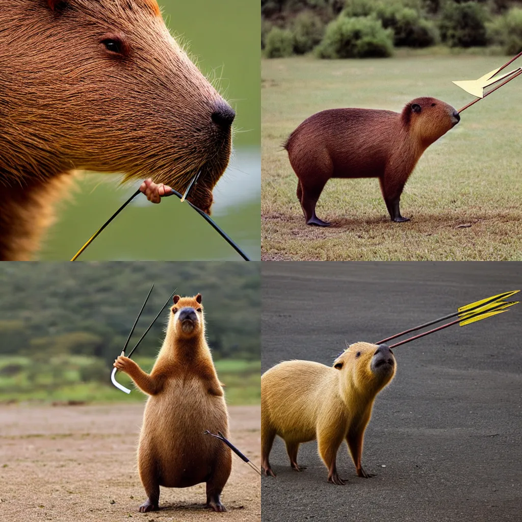 Prompt: capybara holding a stand arrow, cinematic longshot photograph