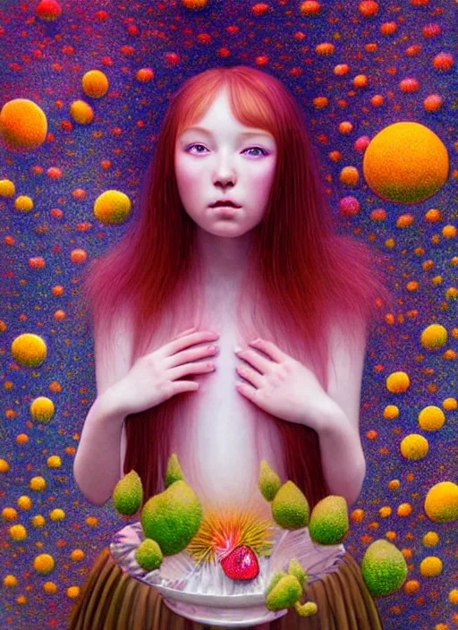 Image similar to hyper detailed 3d render like a Oil painting - kawaii standing portrait Aurora (auburn haired Singer Weaslwaif) seen Eating of the Strangling network of yellowcake aerochrome and milky Fruit and Her delicate Hands hold of gossamer polyp blossoms bring iridescent fungal flowers whose spores black the foolish stars by Jacek Yerka, Mariusz Lewandowski, Houdini algorithmic generative render, Abstract brush strokes, Masterpiece, Edward Hopper and James Gilleard, Zdzislaw Beksinski, Mark Ryden, Wolfgang Lettl, hints of Yayoi Kasuma, octane render, 8k