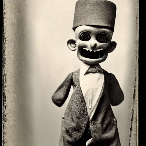 Image similar to ventriloquist figure, photograph, style of atget, old, creepy, smiling