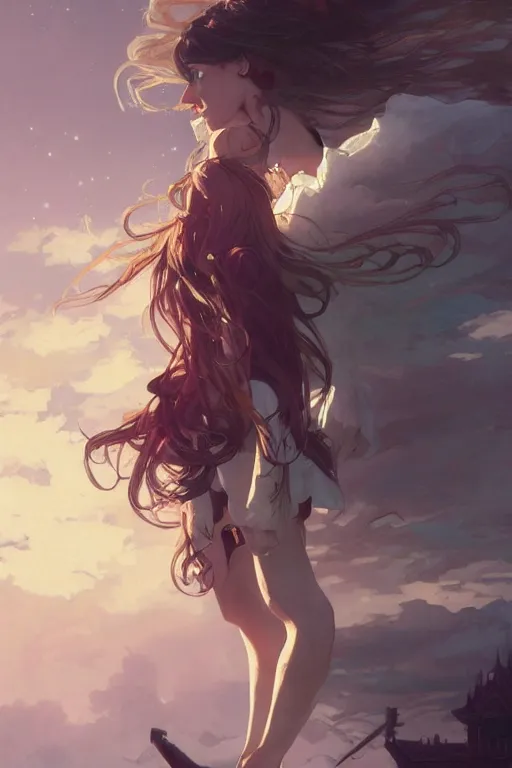 Prompt: jojo pose, fantasy, long hair, girl, portrait, cloud sky and moon night background, high detail, concept art, digital art, illustration, smooth, sharp focus, greg rutkowski, alphonse mucha, trending on artstation, trending on deviantart,