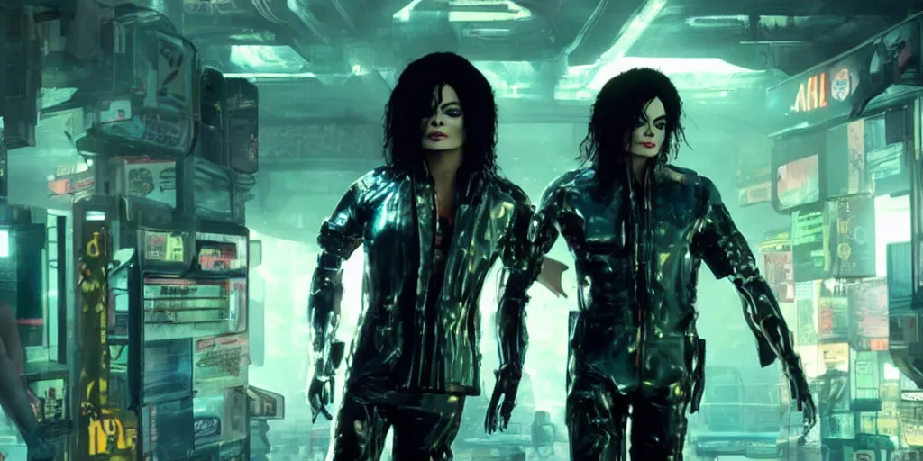 Image similar to michael jackson in cyberpunk, fallout 5, studio lighting, deep colors, apocalyptic setting