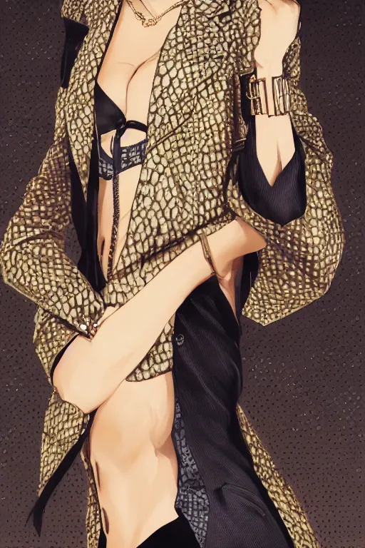 Image similar to yakuza slim girl, gold suit jacket in snake print, jacket over bare torso, yakuza tattoo on body, black short curtain haircut, black leather pants with black belt, portrait, elegant, 2d, ultra highly detailed, digital painting, smooth, sharp focus, artstation, art by Ilya Kuvshinov, rossdraws