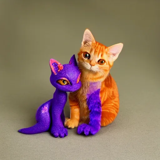 Image similar to tiny adorable purple fantasy dragon cuddles an orange tabby cat, realistic, orange tabby cuddles purple dragon, award - winning photography