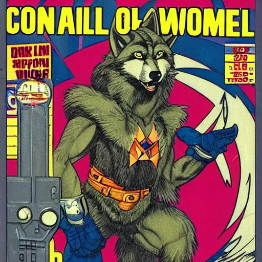 Prompt: 1 9 8 0 s comic book cover scan featuring a portrait of villain male wolf o'donnell anthropomorphic wolf furry fursona from starfox wearing a dark space mercenary uniform, dark grey wolf, handsome eyes, wolf o'donnell