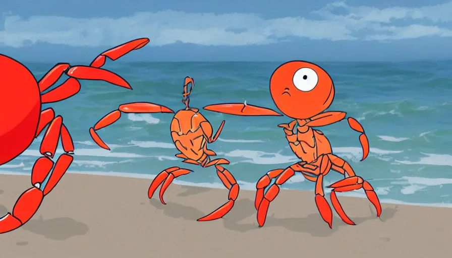 Prompt: A crab dancing to crab rave song. On a beach, at the water, claws reaching up into the air. In the style of Studio Ghibli