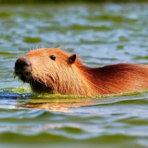 Image similar to candid photograph of a capybara swimming in a lake