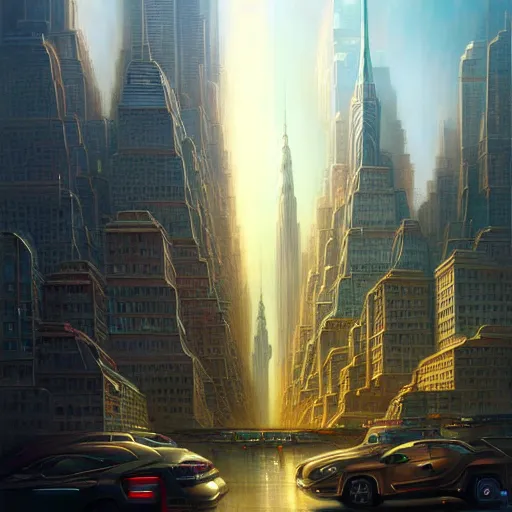 Prompt: a cityscape of new york in the future, flying cars, huge buildings, bright lights, digital painting, artstation, concept art, illustration, artgerm, tomasz alen kopera, peter mohrbacher, donato giancola, joseph christian leyendecker, wlop, boris vallejo