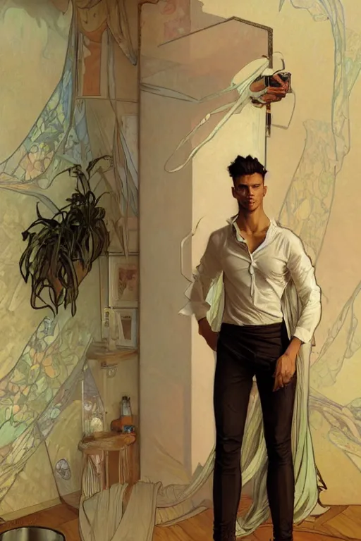 Image similar to full body portrait of a single beautiful young fit man, modern haircut, open shirt, large pants, by greg rutkowski and alphonse mucha, d & d character, in front of a modern room background, highly detailed portrait, digital painting, artstation, concept art, smooth, sharp focus ilustration, artstation hq