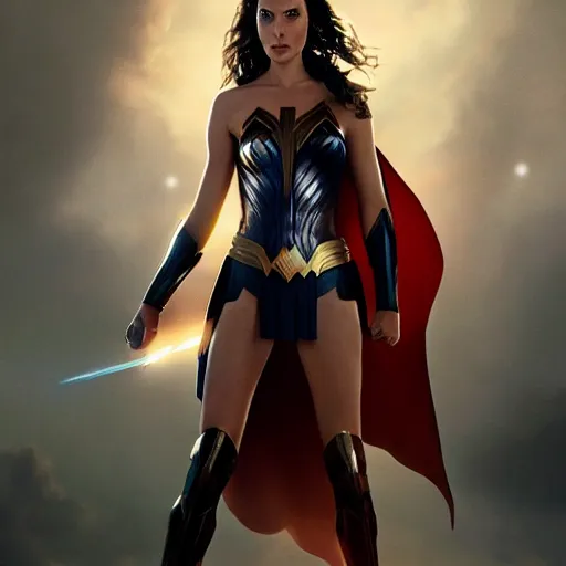 Image similar to a potrait of Gal Gadot as Kryptonian with full armory by Greg Rutkowski, Sung Choi, Mitchell Mohrhauser, Maciej Kuciara, Johnson Ting, Maxim Verehin, Peter Konig, Zack Snyder, 8k photorealistic, cinematic lighting, HD, high details, dramatic, trending on artstation, full body shot