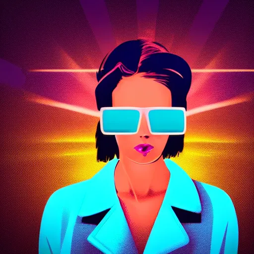 Image similar to a woman with light blue shutter shades in front of a sunset, a dark brown leather jacket, one side brown haircut with blue ends, vector art by jan tengnagel, pixabay contest winner, retrofuturism, retrowave, synthwave, outrun, portrait, synthwave