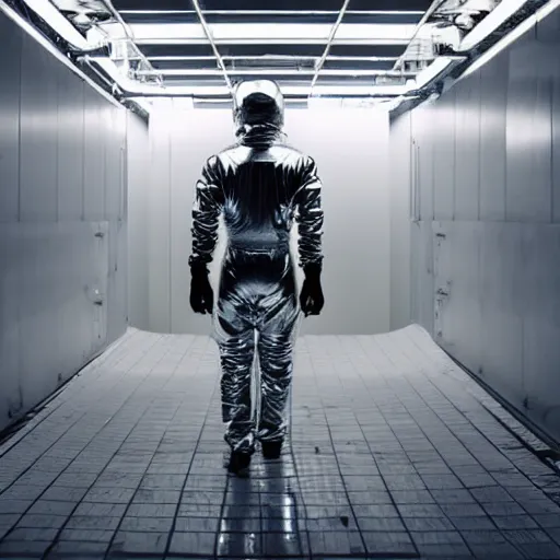 Prompt: mysterious man in silver space suit, walking on a small industrial catwalk, floating in the darkness of space, with a black background, photograph, wide angle, long shot