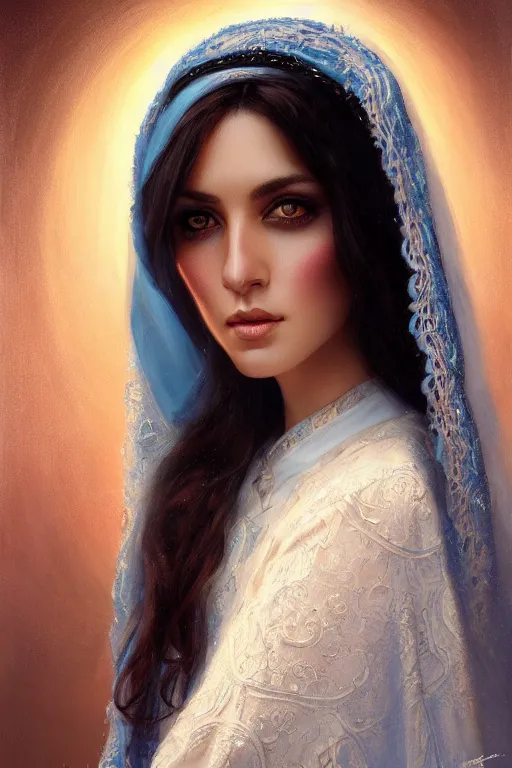 Prompt: arab ameera al taweel, bright blue eyes, long wavy black hair, white veil, closeup, cinnamon skin color, elegant, highly detailed, centered, oil painting, artstation, concept art by tom bagshaw