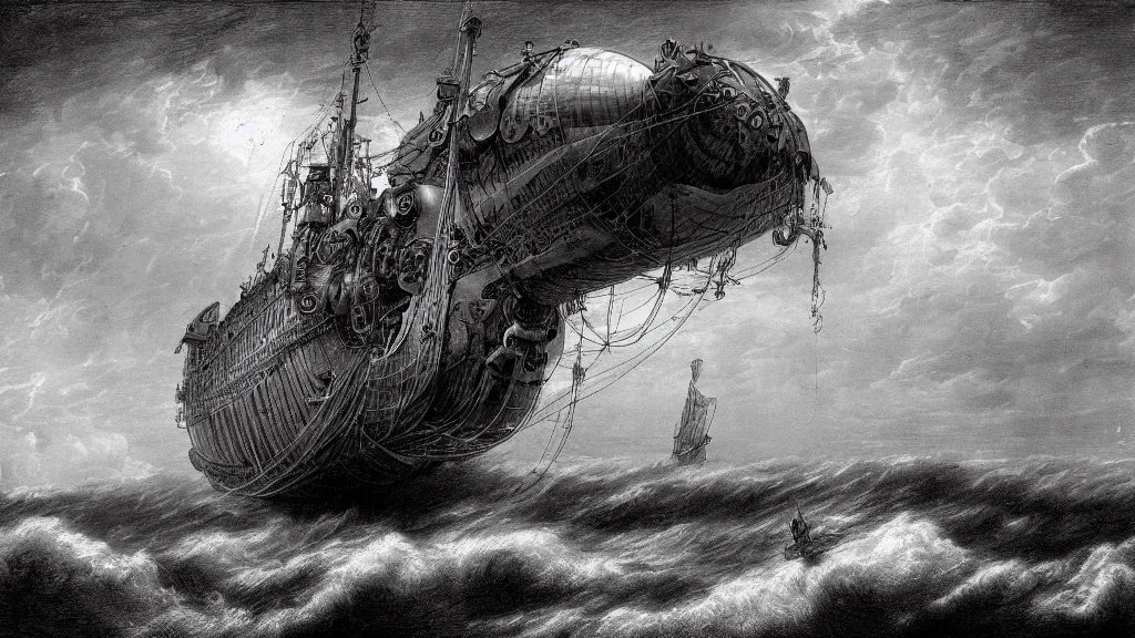 Image similar to drawing of a giant steampunk airship above a stormy ocean, by gustave dore, nineteenth century, black and white, vintage, science fiction, epic composition, dramatic lighting, highly detailed, cinematic