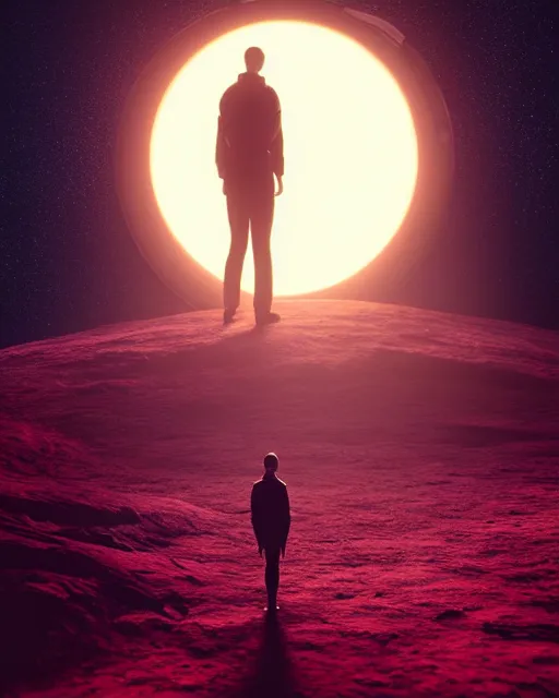 Image similar to a person standing in front of a glowy open door that's on a barren moon, poster art by mike winkelmann, trending on cg society, space art, sci - fi, ue 5, futuristic, volumetric lighting