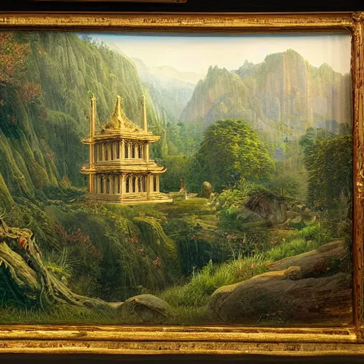 Image similar to A beautiful and highly detailed oil painting of beautiful lost temple in the mountains, detailed trees and cliffs, intricate details, by Caspar Friedrich