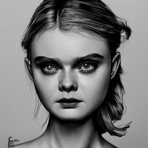Prompt: a striking hyper real ink illustration of Elle Fanning, dark, metal,