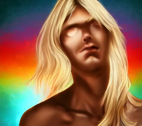 Image similar to extremely beautiful blonde young man with hyperealistic glossy eyes, digital art, colourful background seductive.