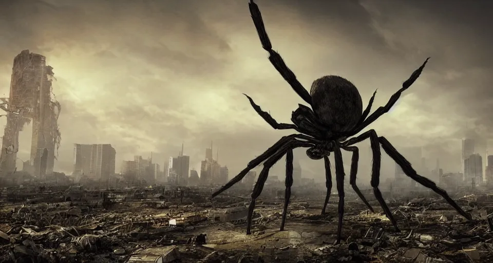 Prompt: a giant spider with a decrepit building on its back walking through a post apocalyptic wasteland, dramatic lighting