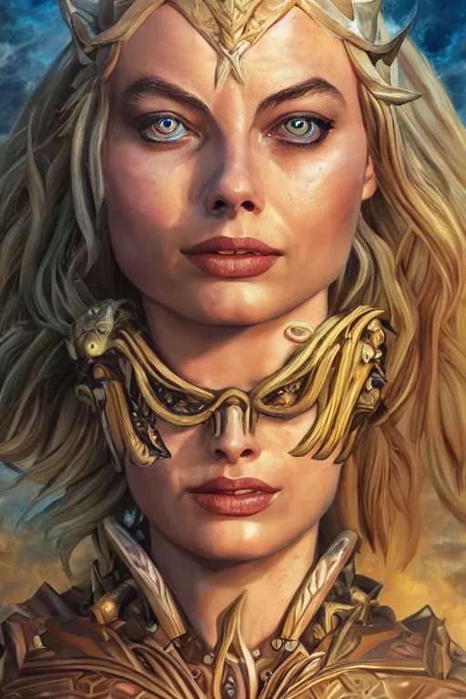 Image similar to A fantasy comic book style portrait painting of Margot Robbie as an Atlantean Reptilian Warrior, Mystical Valkyrie, unreal 5, DAZ, hyperrealistic, octane render, Regal, Refined, Detailed Digital Art, RPG portrait, Michael Cheval, Walt Disney (1937), François Boucher, Oil Painting, Steampunk, dynamic lighting, Highly Detailed, Cinematic Lighting, Unreal Engine, 8k, HD