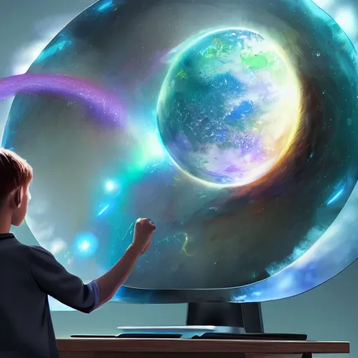 Image similar to a young mage creating a universe in front of a monitor, hyperrealistic, extremely detailed, award-winning art, trending on Artstation