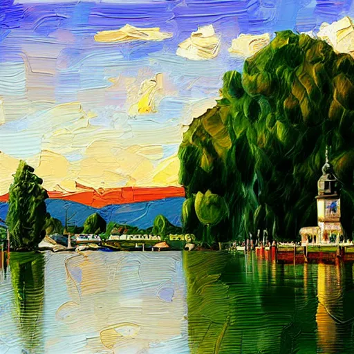 Image similar to a beautiful impasto oil painting of the city of the chiemsee, digital art