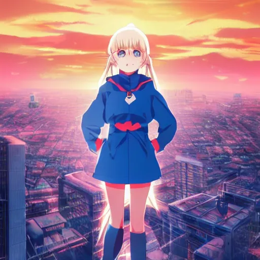 Prompt: Pixiv, Anime Key Visual, cute anime loli with blond hair and cute pigtails, wearing blue coat with a hood and black shorts, jumping from the tallest building of a modern city. She does a superhero pose. Cinematic scene of an HDR sunset, faint orange light. Amazing piece Trending on Artstation