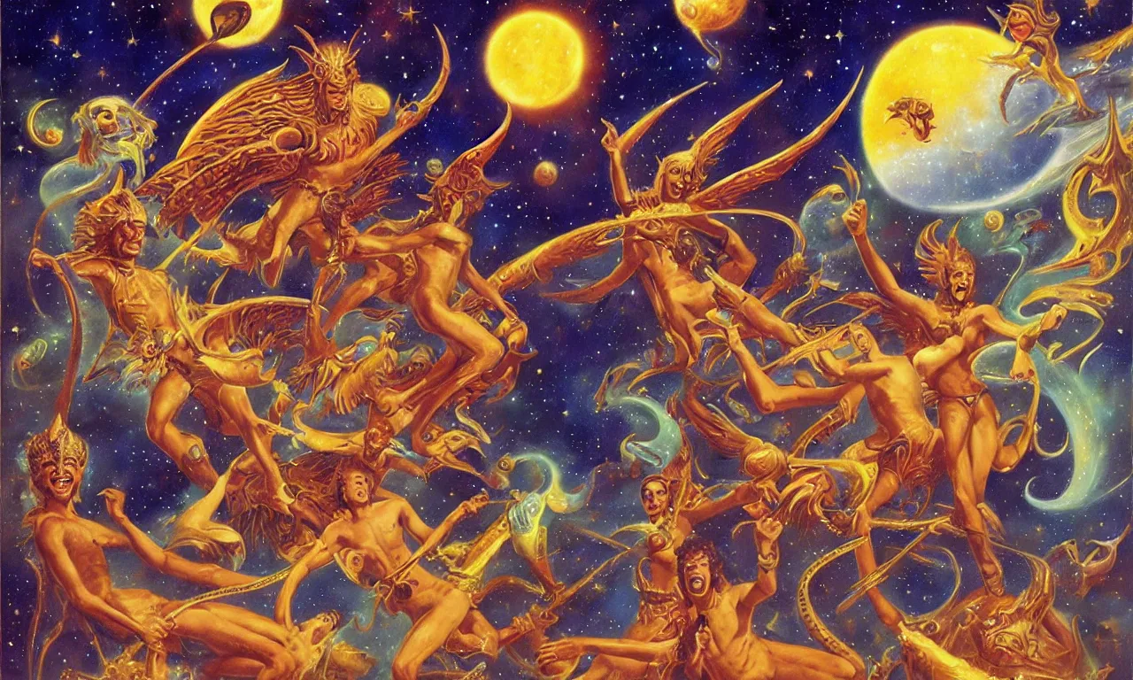 Image similar to sun king and moon boys in the cosmic court of mystical astronomy, art by boris vallejo and manuel sanjulian