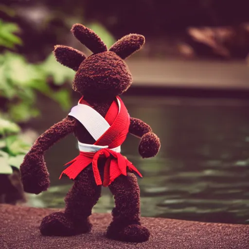 Image similar to a fluffy chocolate brown karate loving muppet bunny wearing cool black ninja clothes with a red belt and practicing her karate out in nature by a koi pond, photorealistic, photography, ambient occlusion, rtx, national geographic, sesame street