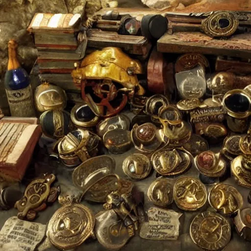 Prompt: a pirate's treasure hoard, hidden in a cave