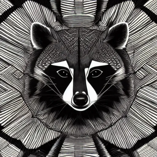 Prompt: Geometric symmetrical raccoon, sun in the background, intricate, elegant, highly detailed, digital painting, artstation, concept art, smooth, sharp focus, illustration, art by artgerm